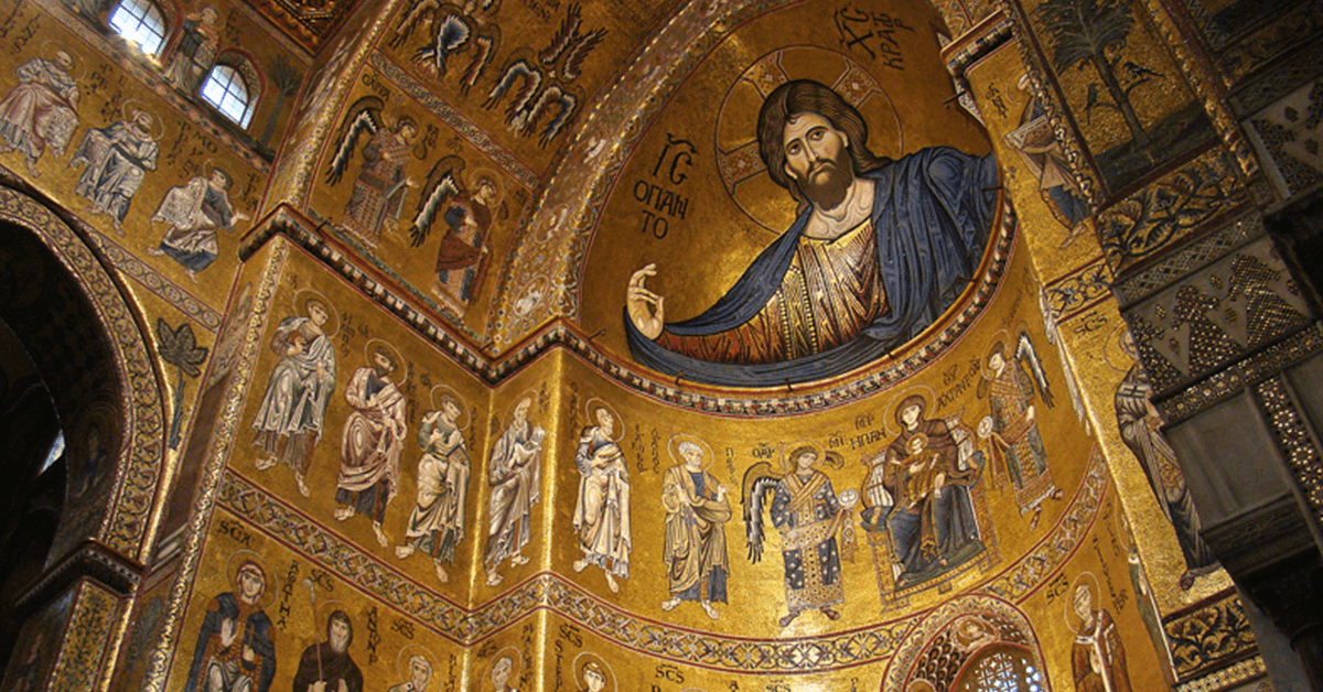 duomo-di-monreale Duomo di Monreale, dettaglio mosaici con Gesù Cristo al centro.